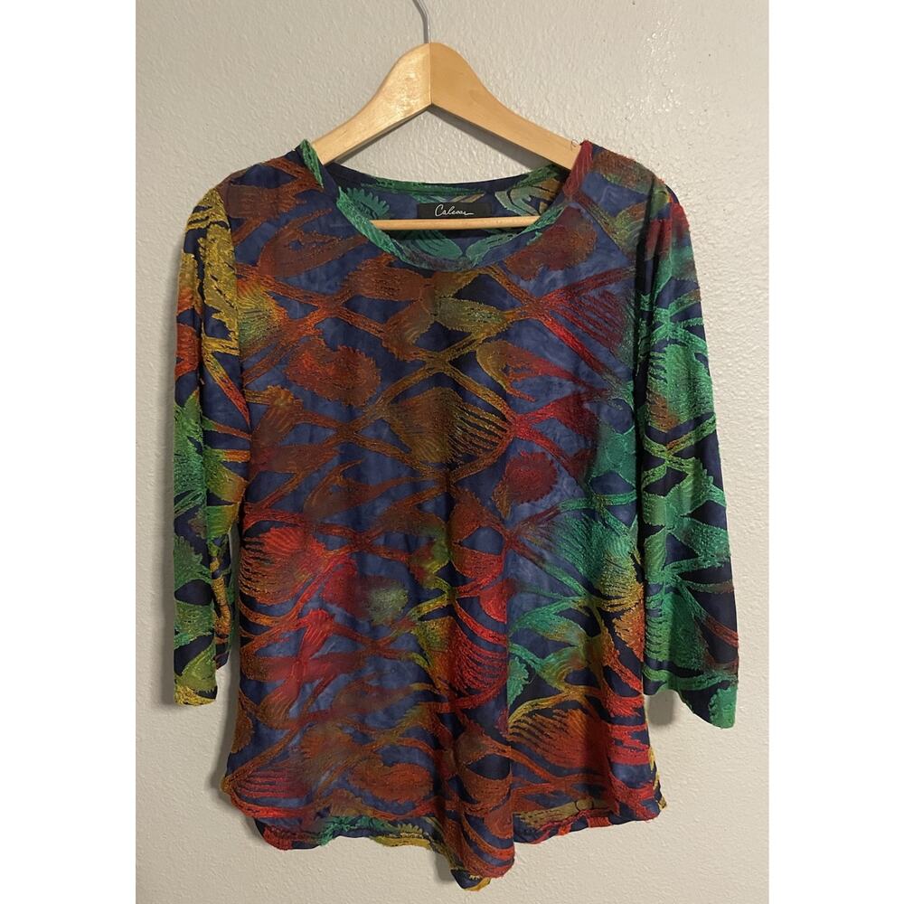 Calessa Womens Top Large Colorful Abstract Print Rayon Stretch 3/4 Sleeve Artsy